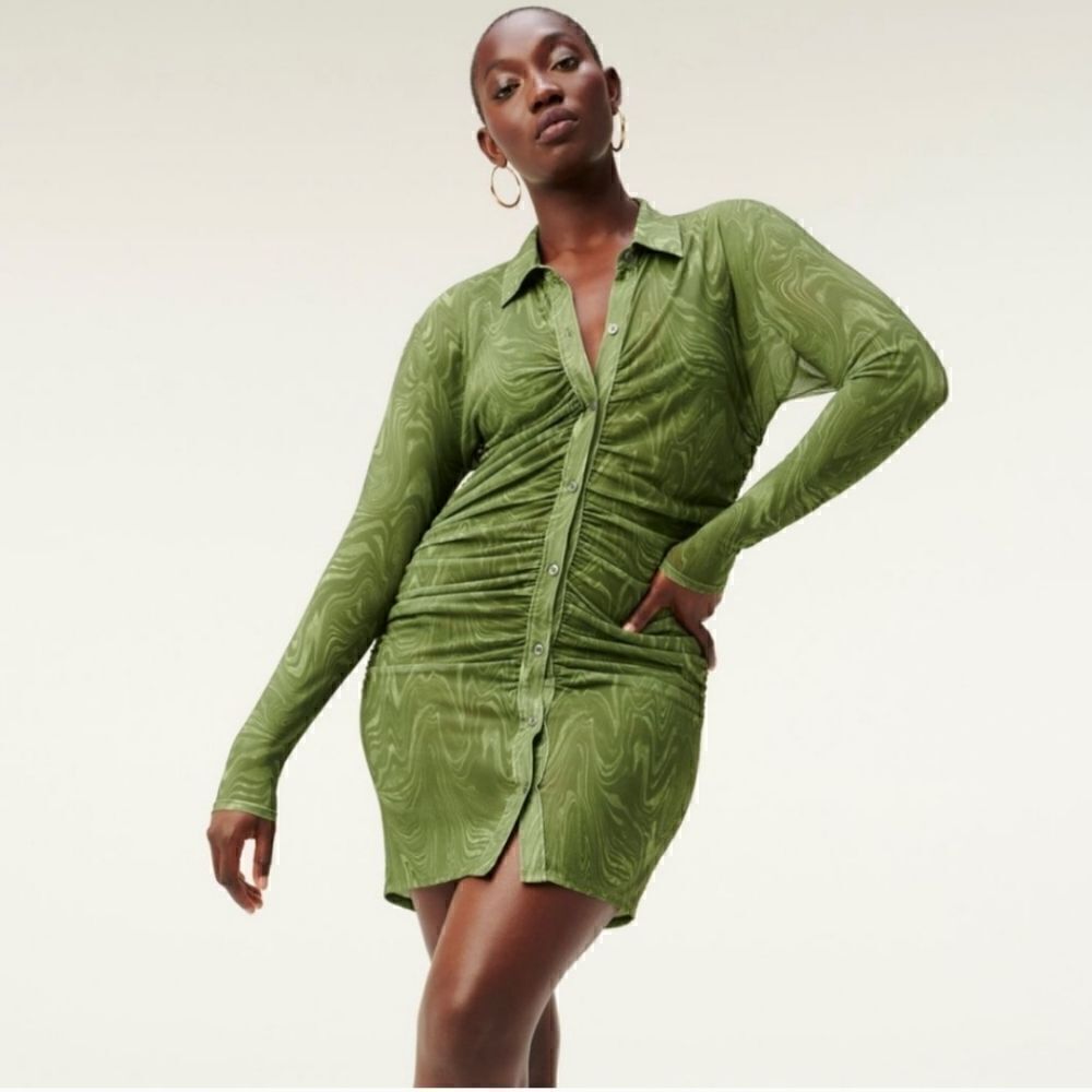 Good American  Pesto Swirl Button Down Ruched Long Sleeve Mesh Dress Size L